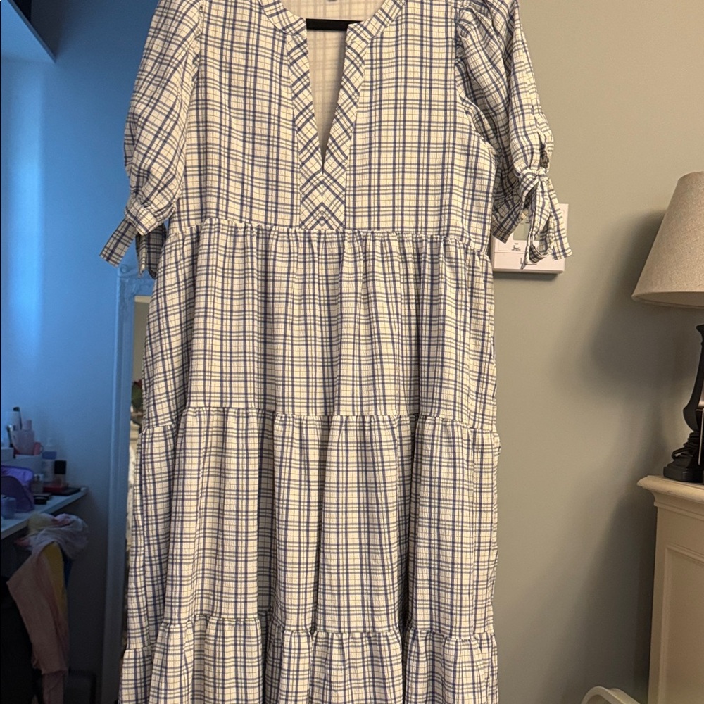 English Factory Blue and White Plaid Maxi Dress
